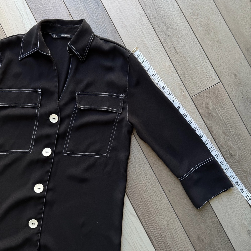 Zara Black Shirt Dress Contrast White Stitching Pockets | Size: Small - Picture 4 of 5